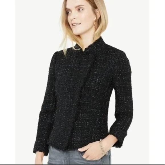 Ann Taylor Jackets & Blazers - Ann Taylor Metallic Tweed Moto Blazer Jacket 4 Asymmetrical Zip Up Fringe Black
